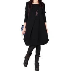 ブラック_L [Tohaojay Zoner] レディース チュニック ワンピース クルーネック ギャザー ロング ワンピース Aライン ひざ丈 ふんわり ゆったり 体型カバー 大人カジュアル 森ガール 可愛い シンプル レトロ 長袖 無地 秋 冬