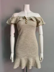 1087 DAZZY デイジー　キャバクラ　ドレス　オフショル　ツイードラメ　パールボタン　フリル　ミニ　タイト　キャバドレス　S