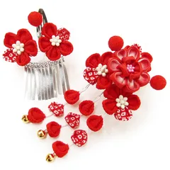 七五三 髪飾り 三歳 七歳 2個 セット パッチン留め かんざし 簪 つまみ細工 ちりめん 縮緬 びらびら お正月 お雛祭り 十三参り 浴衣 女児 女の子 子供 卒園 花 舞妓 W48 髪飾り No.330 赤 a981　Wsi