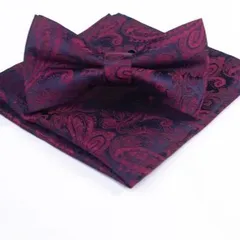 蝶ネクタイ ポケットチーフ　ハンカチ　チーフ 2点セット　結婚式 発表会　パーティー　イベント　卒業式　入学式　入社式　ブラック色　黒色　ワインレッド色　ペイズリー柄　ワンタッチネクタイ　スーツ　ワイシャツ　格安　小物　父の日