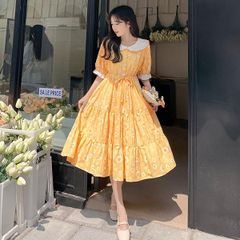 ワンピース 夏 レディース 半袖 レトロ ビッグカラー 襟付き 花柄 総柄 イエロー ポワン袖 半袖 ひざ下丈 春 夏服 かわいい 大きいサイズ 4XL 小花柄 フリル スイート 黄色 サマー dd106x1
