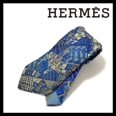SJ3【HERMES】ネクタイ SILK/シルク 100% カレ風柄 アニマル総柄 スカーフ柄 ブルー/青 ライトブルー/水色 ホワイト/白 7286 MA エルメス (SJ3-86③)