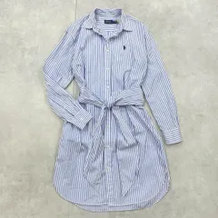 ◎POLO RALPH LAUREN　ポロラルフローレン　シャツワンピース　ストライプ　ボウタイ　リボンベルト　コットン　青白　M