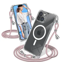 iPhone 15 Plus ケース クリア ショルダー MagSafe対応 耐衝撃 iPhone15Plus スマホケース マグセーフ対応 透明 織りストラップ付き アイフォン15 Plusカバー 肩がけ 首掛け 紐付き 縄掛け シングルショルダーロープ 1