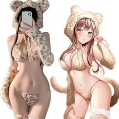 【新品☆帽子付❗プレゼントにも❗】ふわふわ豹柄♥️超セクシー可愛くねこコスプレ　可愛い　セクシー　ふわふわ　あったか　ルームウェア　パジャマ　ビキニ　しっぽ付　イベント　撮影会　豹柄　ひょうがら