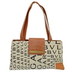 【本物保証】 ブルガリ BVLGARI ロゴマニア レクタンギュラー トートバッグ ハンドバッグ キャンバス レザー アイボリー ブラウン