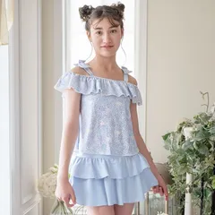 【小花柄猫・ブルー】オフショルリボンスイムウェア キッズ TAK キャサリンコテージ