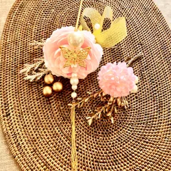 蝶々パール簪☆淡いパステルピンク牡丹♡成人式髪飾り♡ブライダルヘッドパーツ