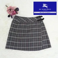 BURBERRY　BLUELABEL　バーバリー　ブルーレーベル　ミニスカート　巻きスカート　牛革2連ベルト　グレー　チェック　ウール混　三陽商会