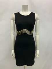 1384 キャバクラ ドレス リブニット ワンピース タイト ウエストカット ストーン ビジュー ノースリーブ ミニ キャバドレス S