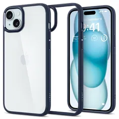 Spigen iPhone 15 ケース クリア 耐衝撃 黄変なし 米軍MIL規格取得 ストラップホール 透明 TPU バンパーケース 2重構造 レンズ保護 擦り傷防止 ワイヤレス充電対応 ウルトラ・ハイブリッド ACS06801 (ネイビー・ブルー)