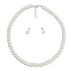 8mm セット 42cm~48cm アジャスターチェーン ネックレス＆ピアス 冠婚葬祭 パール フォーマル レディース ホワイト ジュエリー [AREUM] セット