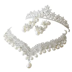 アクセサリー3点セット ティアラ ネックレス ピアス ウエディング ブライダル ウエディングティアラ アクセサリー ヘッドアクセサリー 結婚式 パール[B287]