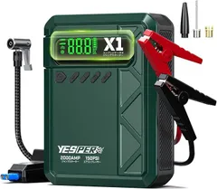 YESPER X1 ジャンプスターター エアコンプレッサー搭載 電動空気入れ 2000Aピーク電流 12V車用エンジンスターター 8Lガソリンエンジン車 /6Lディーゼル車対応 150PSI 空気入れ機能搭載 自動停止機能(12000mAh)
