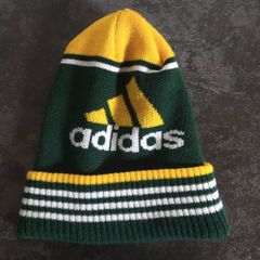 【adidas】00s アディダス 好配色 パフォーマンスロゴ ニット帽 ビーニー グリーン系×イエロー系 Y2K