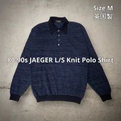 80-90s JAEGER L/S Knit Polo Shirt イェーガー ニットポロシャツ 長袖 ブルー ブラック Mサイズ 英国製 クラシック トラディショナル