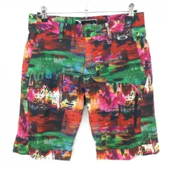 【美品】オークリー ハーフパンツ レッド×グリーン 総柄 メッシュ調 メンズ 32 ゴルフウェア Oakley