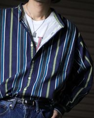 band collar multi stripe oversized chino l/s shirt マルチストライプ バンドカラー コットン チノ オーバーサイズ 長袖シャツ 3L 濃紺 90s