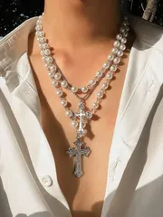 ジュエリー メンズ ネックレス セット 3個セット ヴィンテージゴシックパンクスタイルのマルチエレメントメタルクロスペンダント&多層フェイクパールビーズネックレス メンズ 日常着、パーティー装飾、コーデに合わせて使
