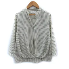 B&Y ユナイテッドアローズ BEAUTY&YOUTH ビューティー&ユース シャツ ブラウス 長袖 スリットネック ストライプ柄 アイボリー 紺 ネイビー /SM14