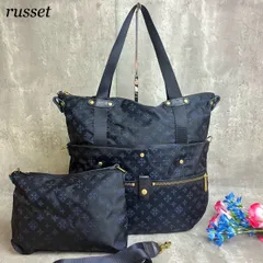 ✨極美品✨ ruseet ラシット 2way ショルダーバッグ トートバッグ ポーチ付き モノグラム 総柄 ゴールド金具 A4収納 大容量 ナイロンレザー レディース ネイビー 紺色