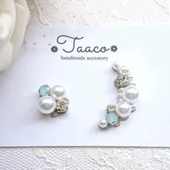 No.63 水色ストーンビジューハンドメイドピアス＆イヤーカフ･シルバー