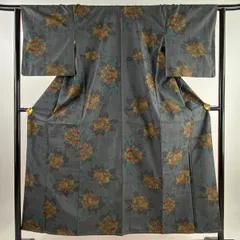 【愛されつむぎ＊】グレーの花柄紬　裄68.5 愛されつむぎ＊】グレーの花柄紬 裄68.5