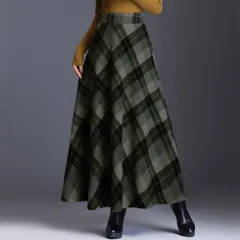 ☆ ブルーグレー ☆ Mサイズ ☆ ロングスカート レトロ チェック柄 skirtlg810f ロングスカート 柄 スカート アンブレラスカート フレアスカート フレア Aラインスカート Aライン ハイウエスト ウール ロング ロング丈 レトロ チェック