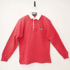 古着　Polo Ralph Lauren ポロ　ラルフローレン　ジュニア　140ｃｍ　ロングポロシャツ　胸ロゴ　犬刺繍　赤系　襟白色　バイカラー　スエット