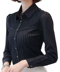 [Elixio] [エリクシオ] ブラウス シャツブラウス シャツ レディース レース 暖かい あったか 裏起毛 ストライプ 長袖 厚手 保温 秋 冬 春 襟つき 上品 おしゃれ オフィス 事務服 (JP, アルファベット, M, ブラッ [ブラック] [M]