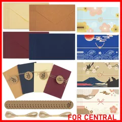 【特価商品】[TEMLUM] メッセージカード ミニ型 感謝カード 和風柄 グリーティングカード 4種類 封筒付き 水引き タグ 挨拶状 24枚セット お祝い 結婚式 記念日 よろしく めでたい プレゼント(和風)