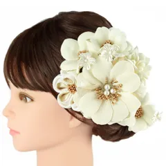 髪飾り 成人式 つまみ細工 振袖 前撮り 袴 花 菊 2点セット 花 白 生成り ゴールド ちりめん ベロア調 異素材 ミックス パール No.12-0754