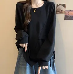【ブラック】レディース スウェット サイドリボン 長袖 オーバーサイズ トレーナー サイド絞り ロンT風 韓国風 ゆったり 体型カバー カジュアル 春 秋 冬