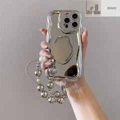 iPhone11-17/Pro/Pro Max 多機種対応 iPhoneケース保護ケースcase 電鍍シルバー 鏡面スマホケース スタンド付き リストチェーン付き 耐衝撃 ハードケース