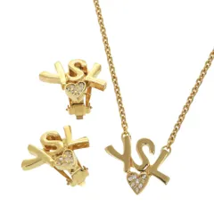 美品 イヴ サンローラン ハートロゴ ストーン GP ゴールド ネックレス イヤリング 1705 YVES SAINT LAURENT