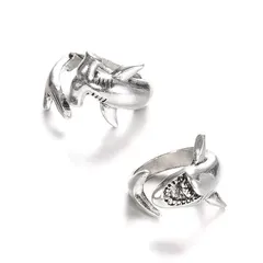 サメ リング セット ハンマーヘッド シャーク シルバー ユニセックス ペア お揃い 鮫 魚 牙 ロック パンク ギフト お揃い 贈りもの 贈り物 新品