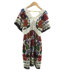 アナスイ ANNA SUI ワンピース ミニ丈 半袖 Vネック 花柄 刺繡 シルク混 4 S マルチカラー アイボリー /YS31のサムネイル