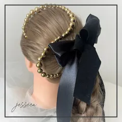 金箔付ヘッドドレス❤︎ワイヤー入りボールチェーン× ブラックリボン　髪飾り卒業式