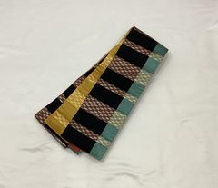 半幅帯/美品/黒.ブルー×オレンジ.カラシ×金/踊帯/お祭り/着物/女物/仕立上がり【ゆずりは】 7951