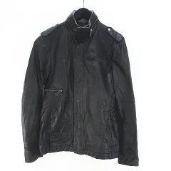 コムサメン COMME CA MEN レザージャケット 革ジャン M 黒系 ブラック 収納フード ジップアップ スナップボタン ポケットのサムネイル