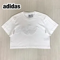 adidas Originals FIREBIRD アディダスオリジナルス ファイヤバード ショート丈 クロップTシャツ L ビッグトレフォイル スリーストライプ  ホワイト 大きいサイズ 着丈45cm 肩幅44cm 身幅(脇下)50cm 袖丈19cm【古着】