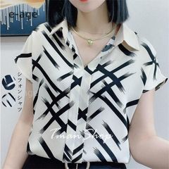 シフォンシャツ レデイース トップス POLOネック 半袖 プリント プルオーバー ゆったり 着痩せ 通勤OL カジュアル おしゃれ ファッション 夏