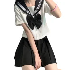 [Kanoan] ３点セット 本格制服 セーラー服 濃紺 白 半袖 長袖 シャツ スカート 蝶結びリボン 白三本 プリーツスカート コスプレ 文化祭 学園祭 仮装 JK JC 高校生 中学生 前開き (Lサイズ, 半袖) [半袖] [L]