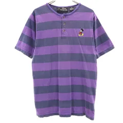 Disney ディズニー originals ミッキーマウス オールド ボーダー 半袖 ヘンリーネック Tシャツ S/M パープル×ネイビー メンズ 古着