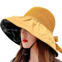 [LL FIERTE] UVカット 帽子 レディース ハット 日焼け防止 折りたたみ あご紐 日除け つば広 紫外線カット 小顔 サイズ調整 遮光 散歩 旅行 大きいサイズ 夏 遮熱 (マスタードイエロー) [マスタードイエロー] [57.0 cm]