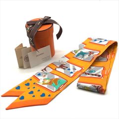 美品 HERMES エルメス ツイリー ストーリー アニマル オレンジ マルチカラー シルク 100％ スカーフ 服飾小物 バッグ アクセサリー k5956