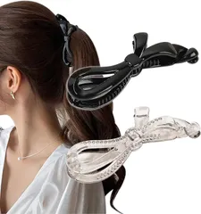 Herbeluemily(ハベルミリィ) バナナクリップ ヘアクリップ しっかり 髪留め リボン シンプル かわいい 2個セット(A ブラック+クリアグレー)