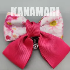 [116]花柄リボンのバレッタ（ピンク系）、38mmグログランリボン、ハンドメイド、ラインストーンのチャーム付き