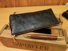 ハンドメイド☆ペイズリー柄レザー!大型ペンケースです!黒レザー