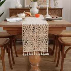 【即日発送】飾り フリンジ コットン イベント タッセル テーブルクロス ボヘミア風 ポリエステル パーティー 法風 北欧 無地 食卓 テーブルマット ヴィンテージ お洒落 エレガント ダイニングルーム かぎ針編み テーブルセンター 30x160cm (ベージ